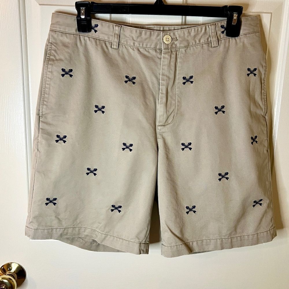 EUC Men's Vineyard Vines Khaki Club Shorts Navy Embroidered Fish Cross Bones 36